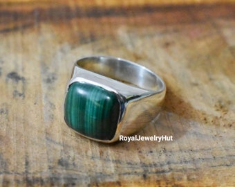 Malachite Signet Ring, 925 Sterling Silver Mens Ring