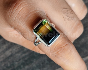 Cushion Cut Watermelon Tourmaline Ring, 925 Sterling Silver Ring, Bi Color Ring, Doublet Quartz Ring, Weeding Ring, Christmas Gift For Her