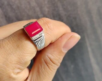 Emerald Cut Red Ruby Ring: Handmade 925 Sterling Silver Signet