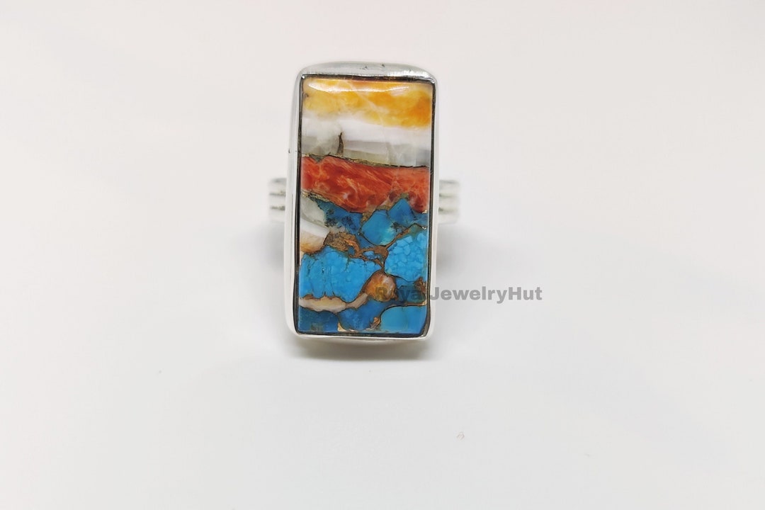 Oyster Copper Turquoise Rectangle Shape Gemstone Silver Ring | Boho 925 ...