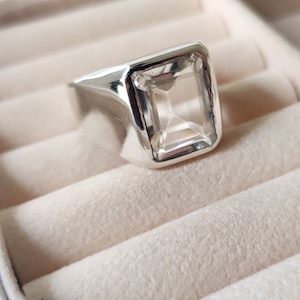 Clear Quartz Rectangle Signet Ring in 925 Solid Silver, Crystal Quartz Silver Ring for Men, Emerald Cut Clear Quartz Statement Ring for Her