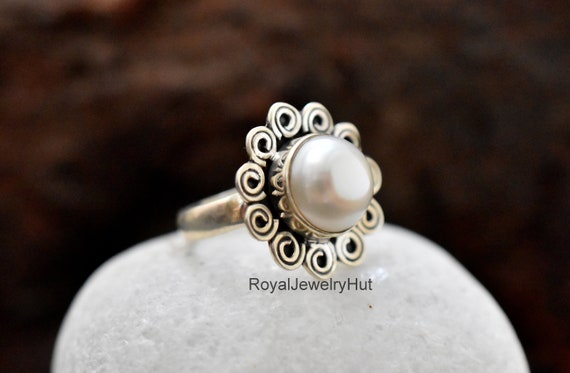White pearl silver ring best sale design