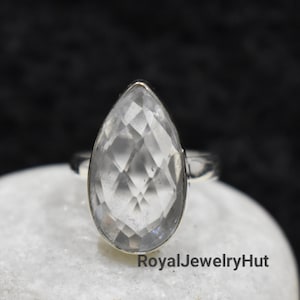 Bague en quartz clair, bague pour femme, bague en argent massif 925, bague en pierre précieuse de quartz cristal, forme de poire, bague de déclaration, bague cadeau