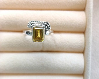 Emerald Cut Citrine Ring: Handmade 925 Sterling Silver Statement Ring