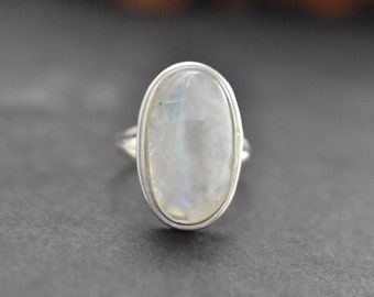Natural Rainbow Moonstone Ring, Oval Sterling Silver Solitaire