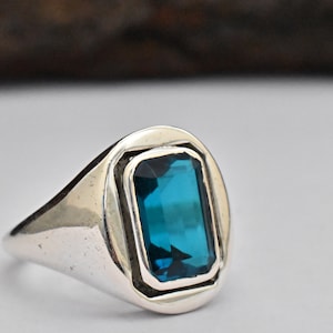 London Blue Topaz Mens Ring, Stone Signet Ring, 925 Solid Sterling Silver Ring, Rings for Men, Blue Topaz Quartz Ring, Gemstone Silver Ring