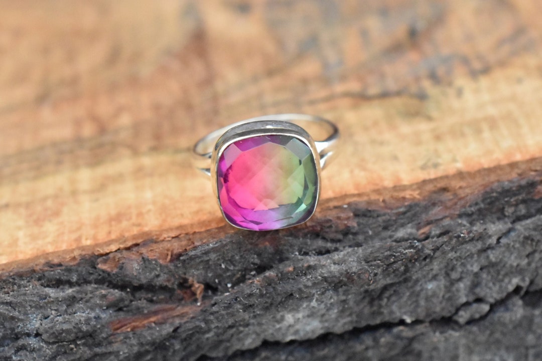 Watermelon Tourmaline Ring, Cushion Shape, Gemstone Ring, Sterling