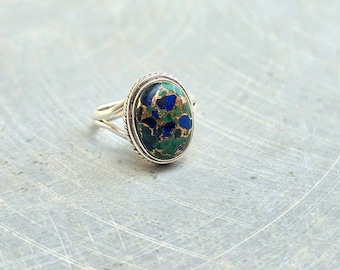 Natural Azurite Malachite Ring Gemstone Ring 925 Sterling Silver Ring Statement Ring Azurite Handmade Jewelry, Oval Azurite Malachite Ring