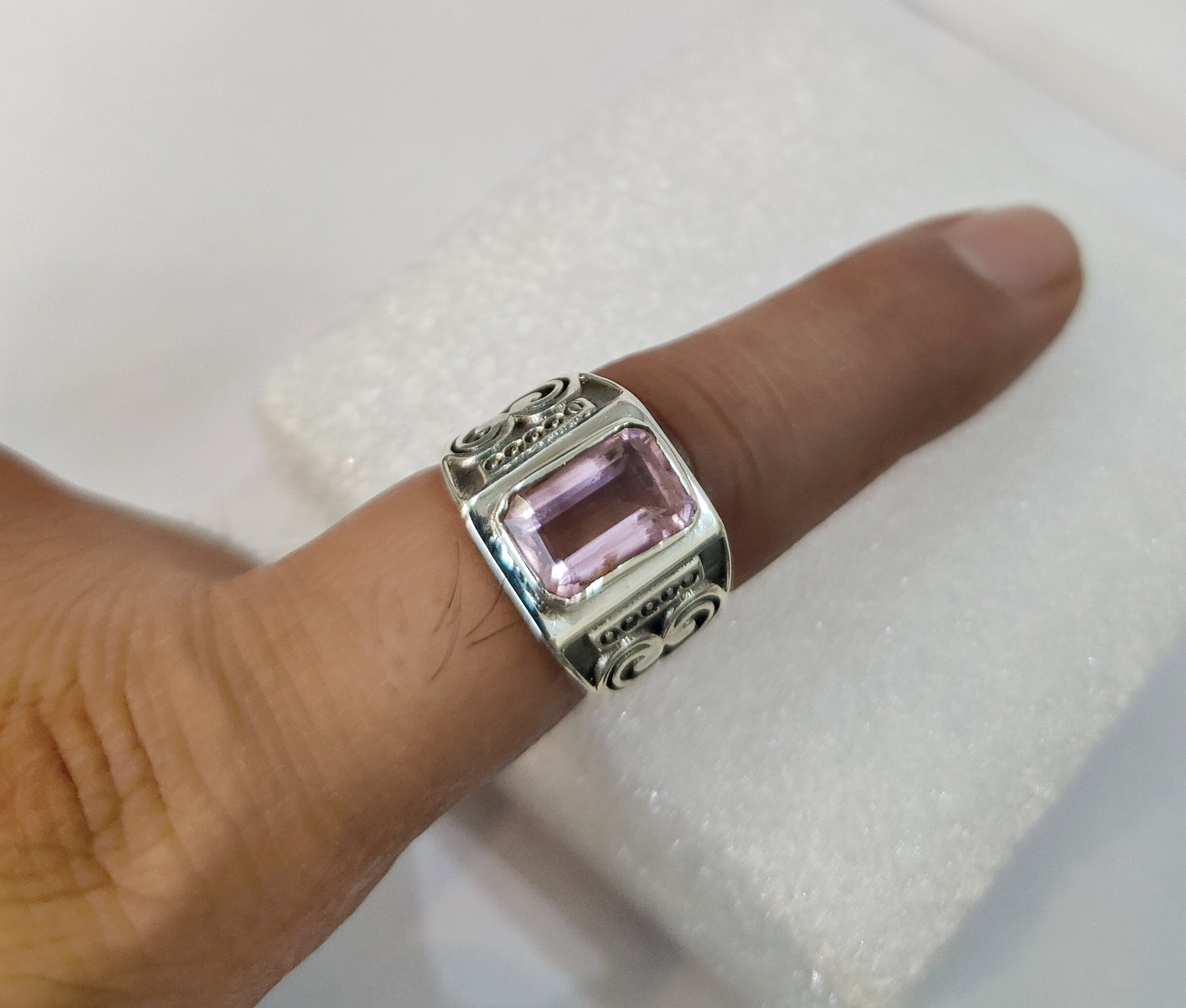 クンツァイトリング、925ソリッドスターリングシルバーリング、メンズ