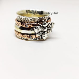 Anillo spinner de abeja de miel, anillo spinner, anillo de plata de ley para mujeres, anillo de naturaleza, banda ancha giratoria de meditación, anillo de ansiedad Fidget