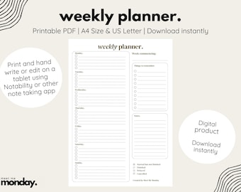 Weekly Planner Digital Download - Weekly Planner Printable, A4 and US Letter, Undated Daily Planner, Minimalist To Do List, Desk Planner