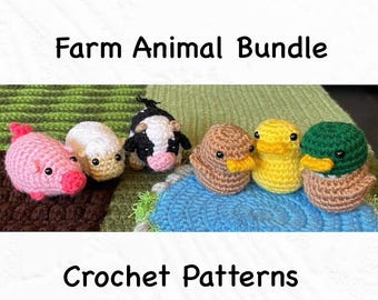 May include: A collection of handmade crochet farm animals, including a pink pig, white sheep, black and white cow, and three ducks. The ducks are in shades of brown, yellow, and green. The text "Farm Animal Bundle" and "Crochet Patterns" are displayed.