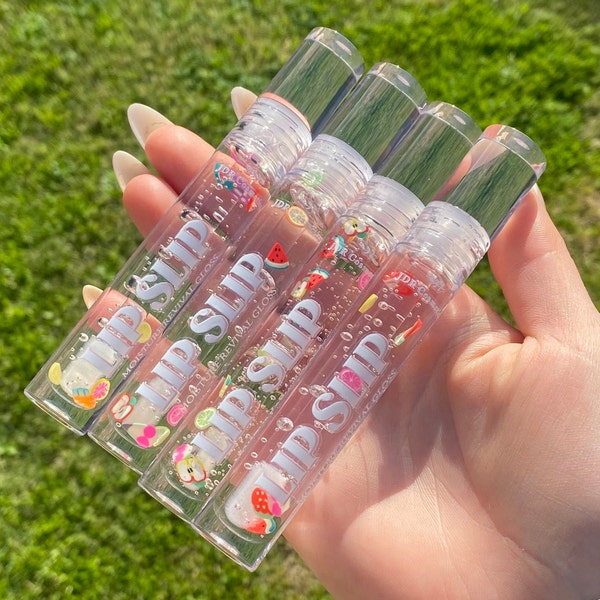 LIP SLIP GLOSS - Crystal - Non Sticky & Greasy Clear Lip Gloss with Pineapple Scent Vegan and Cruelty Free with Fruit Gems - Ultra Glossy