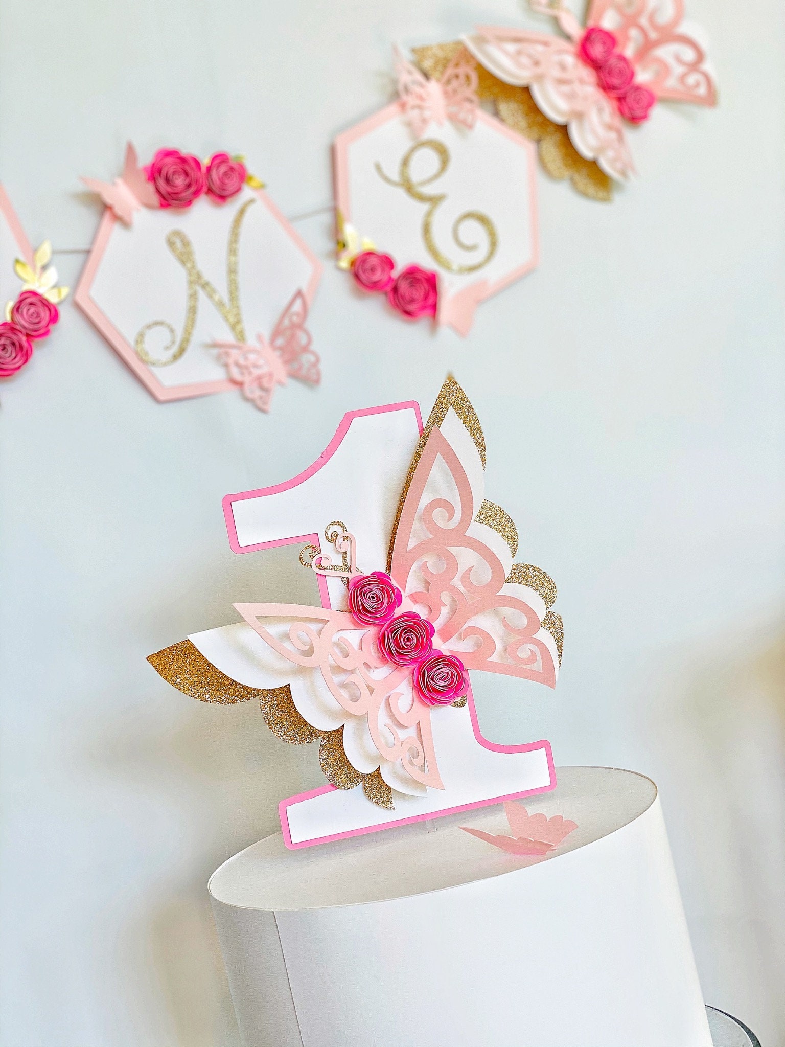 Butterfly 1st Birthday Cake Topper Decorations - Pink & Gold, Pre-Assembled, For Baby Shower 9 thumbnail image