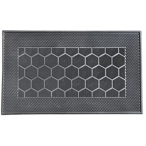 May include: Black rubber doormat with a honeycomb pattern. The mat has a textured surface and a raised border.