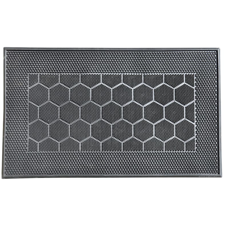 May include: Black rubber doormat with a honeycomb pattern. The mat has a textured surface and a raised border.