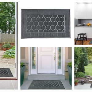 May include: A black doormat with a hexagonal pattern. The doormat is placed in front of a white door with a glass window. The doormat is also shown in front of a kitchen and a garden.