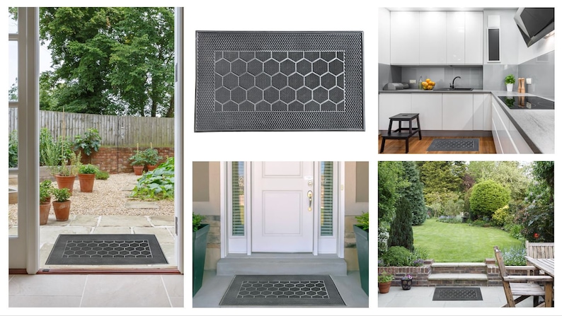May include: A black doormat with a hexagonal pattern. The doormat is placed in front of a white door with a glass window. The doormat is also shown in front of a kitchen and a garden.