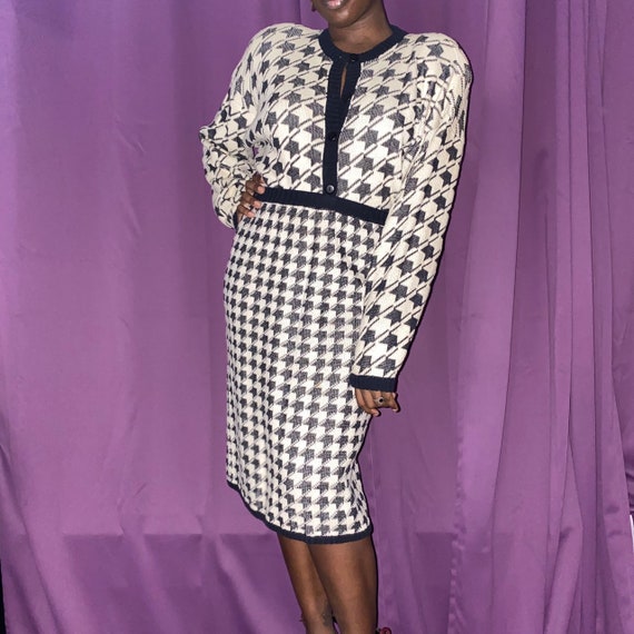 Vintage Houndstooth Knit Skirt Suit