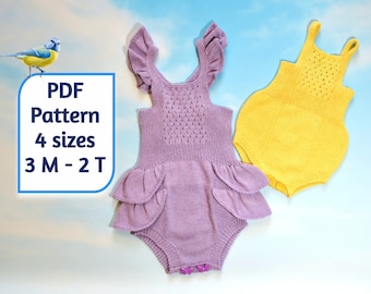 Baby Romper Butterfly, Patrón de punto, 4 tallas (3/6M, 9/12M, 12/18M, 18/24M), Patrón de romper de encaje para niños y niñas