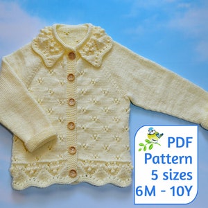 May include: A yellow knitted cardigan with a white collar and button closure. The cardigan has a delicate stitch pattern and a scalloped hem. The text "PDF Pattern 5 sizes 6M - 10Y" is visible in the image.