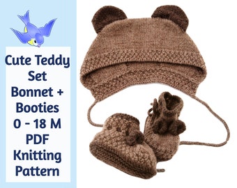 KNITTING PATTERNS – Cute Teddy Set, Newborn – 18Months Sizes, Baby Bonnet & Baby Booties Knitting Patterns