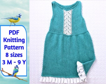 KNITTING PATTERN – Bluebell Dress, 6 sizes (12/18M, 18/24M, 2/3Y, 4/5Y, 6/7Y, 8/9Y), Girls Dress Knitting Pattern