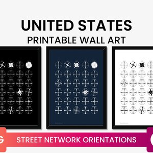 Könnte beinhalten: Drei druckbare Wandbilder mit den Straßennetz-Orientierungen der Vereinigten Staaten. Die Drucke sind in Schwarzweiß, Marineblau und Weiß sowie Weiß gehalten. Jeder Druck zeigt ein Raster mit 36 Kreisen, die jeweils eine andere Stadt in den Vereinigten Staaten repräsentieren. Die Kreise zeigen die Orientierung des Straßennetzes in jeder Stadt.