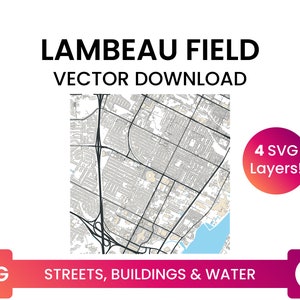 Stratennetwerk, Voetafdrukken van gebouwen & waterlichamen van Lambeau Field, Green Bay, WI | City Street Map Multi-Layer SVG-bestand | Vector downloaden