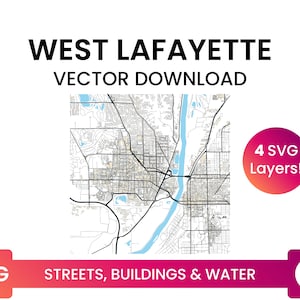 Stratennetwerk, Voetafdrukken van gebouwen & waterlichamen van West Lafayette, Indiana | City Street Map Multi-Layer SVG-bestand | Vector downloaden