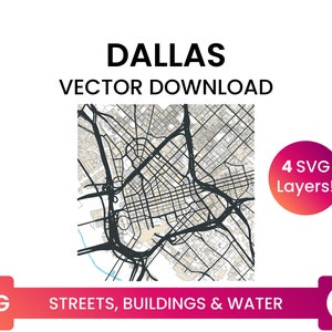 Stratennetwerk, Voetafdrukken van gebouwen & waterlichamen van Dallas, Texas | City Street Map Multi-Layer SVG-bestand | Vector downloaden
