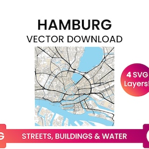 Stratennetwerk, Voetafdrukken van gebouwen &waterlichamen van Hamburg, Duitsland | City Street Map Multi-Layer SVG-bestand | Vector downloaden