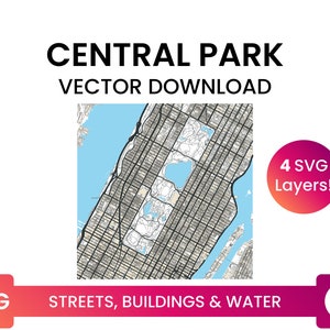 Street Network, Building Footprints & Waterbodies of Central Park, New York | Carte de la ville Fichier SVG multicouche | Vector Télécharger