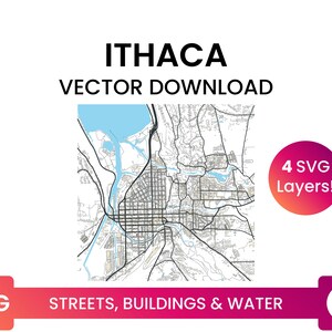Street Network, Building Footprints &Waterbodies of Ithaca, New York | City Street Map Multi-Layer SVG-bestand | Vector downloaden