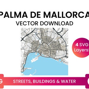 Straßennetz, Gebäudegrundrisse & Gewässer von Palma de Mallorca, Spanien | Stadtplan Multi-Layer SVG Datei | Vektor Download