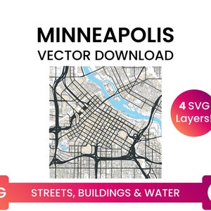 Stratennetwerk, Voetafdrukken van gebouwen & waterlichamen van Minneapolis, Minnesota | City Street Map Multi-Layer SVG-bestand | Vector downloaden