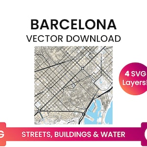 Réseau de rues, empreintes de bâtiments et plans d’eau de Barcelone, Espagne | Carte de la ville Fichier SVG multicouche | Vector Télécharger
