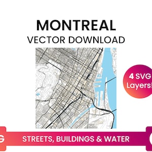 Réseau de rues, empreintes de bâtiments et plans d’eau de Montréal, Québec | Carte de la ville Fichier SVG multicouche | Vector Télécharger