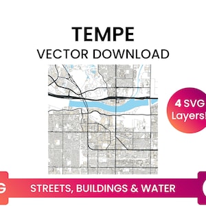 Stratennetwerk, Voetafdrukken van gebouwen & waterbodies van Tempe, Arizona | City Street Map Multi-Layer SVG-bestand | Vector downloaden