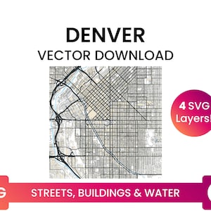 Stratennetwerk, Voetafdrukken bouwen & waterlichamen van Denver, Colorado | City Street Map Multi-Layer SVG-bestand | Vector downloaden