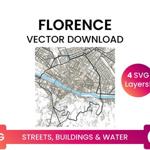 Stratennetwerk, Voetafdrukken van gebouwen &Waterbodies van Florence, Italië | City Street Map Multi-Layer SVG-bestand | Vector downloaden