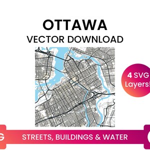 Stratennetwerk, Voetafdrukken van gebouwen & waterlichamen van Ottawa, Ontario | City Street Map Multi-Layer SVG-bestand | Vector downloaden