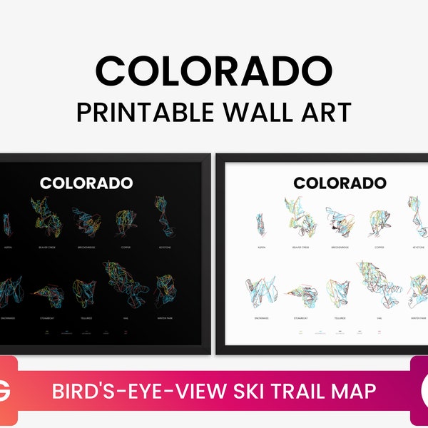 Colorado Ski Resort Mountain Bird's-Eye-View Ski Trail Map Poster, Breckenridge, Vail, Aspen Snowmass, Winter Park | Printable Wall Art