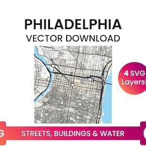 Stratennetwerk, Voetafdrukken van gebouwen & waterlichamen van Philadelphia, Pennsylvania | City Street Map Multi-Layer SVG-bestand | Vector downloaden