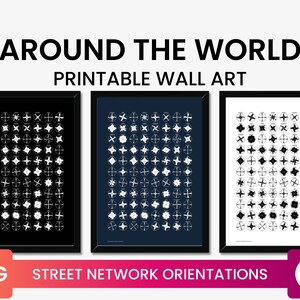 Puede incluir: Tres diseños de arte de pared imprimibles que presentan una cuadrícula de círculos negros y blancos con diferentes orientaciones de red de calles. Los diseños están en marcos negros, blancos y azules. El texto "AROUND THE WORLD" y "PRINTABLE WALL ART" está en la parte superior de la imagen. El texto "JPG" y "STREET NETWORK ORIENTATIONS" está en la parte inferior de la imagen.