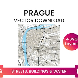 Stratennetwerk, Voetafdrukken van gebouwen & waterlichamen van Praag, Tsjechië | City Street Map Multi-Layer SVG-bestand | Vector downloaden