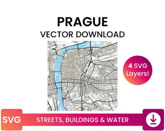 Street Network, Building Footprints & Waterbodies of Prague, Czech Republic | City Street Map Multi-Layer SVG File | Vector Download