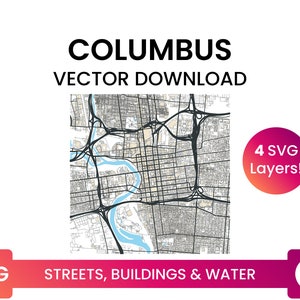 Stratennetwerk, Voetafdrukken bouwen & waterlichamen van Columbus, Ohio | City Street Map Multi-Layer SVG-bestand | Vector downloaden