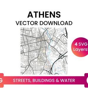 Stratennetwerk, Voetafdrukken van gebouwen & waterbodies van Athens, Ohio | City Street Map Multi-Layer SVG-bestand | Vector downloaden