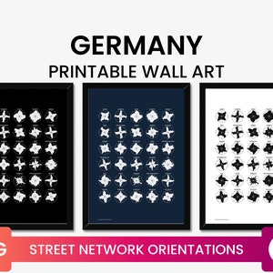 Könnte beinhalten: Drei gerahmte Drucke mit schwarzen Rahmen. Die Drucke zeigen weiße und schwarze Diagramme zur Ausrichtung von Straßennetzen. Der obere Text lautet "GERMANY PRINTABLE WALL ART". Der untere Text lautet "STREET NETWORK ORIENTATIONS". Ein JPG-Symbol und ein Download-Symbol sind ebenfalls vorhanden.